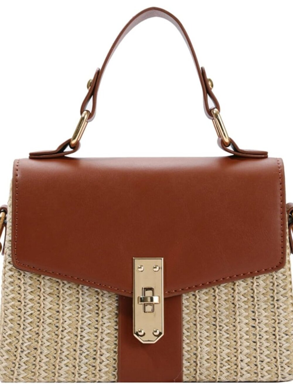 Summer Woven Straw Crossbody Bag Women Color Block Flap Box Purse Lock Closure M